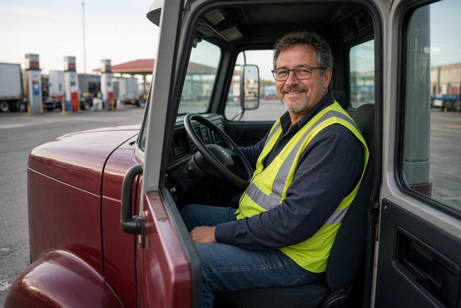 Truck driver in a safety vest at the wheel of his cab